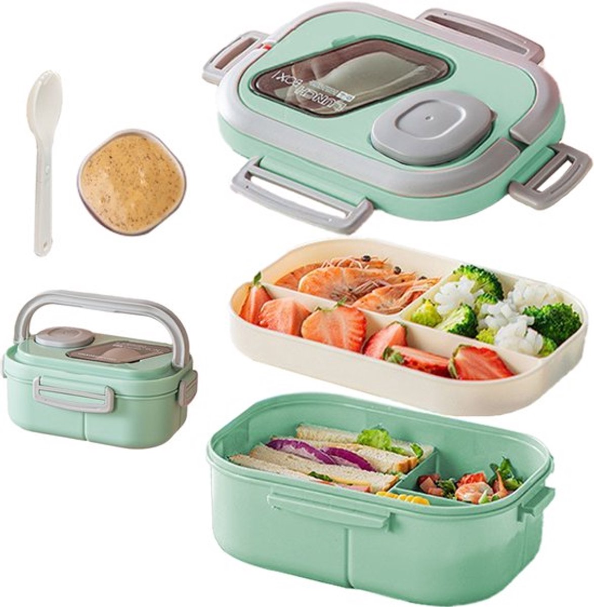 Lunchbox met sausbox ‌en bestek‌, Lekvrij Bento Box 1200ml voor Diepvries, Vaatwasser & Magnetronbestendig, met Silicone Afdichtring, Dubbele Laag met 6 Vakken Voor volwassenen en kinderen‌, Groen-21*14.5*8.6cm