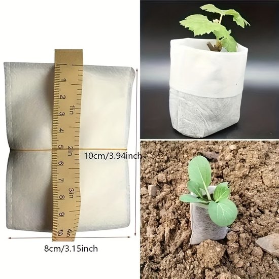 Een stapel van 10cm hoge, niet-geweven zakjes met een bruine rand. Rechtsboven een plant in een zak, rechtsonder een plantje in de aarde.