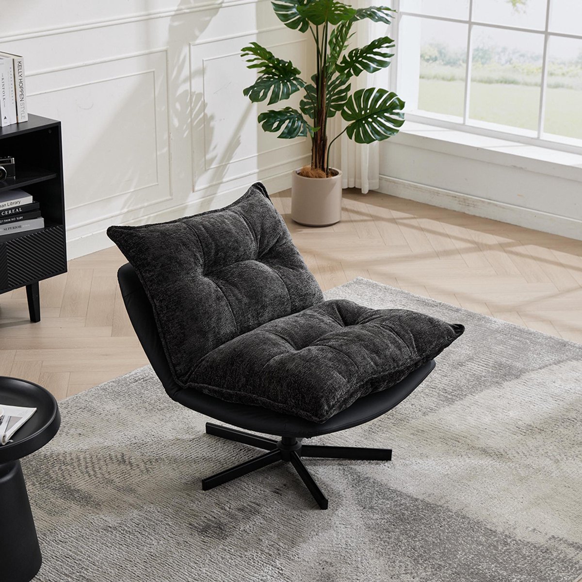 BLACKCOLORS Draaibare relaxfauteuil met in 3 standen verstelbare rugleuning (95°/110°/125°) – zwarte metalen poten, krasbestendig kunstleer, chenille bekleding en vulling van traagschuim, 360° draaifunctie in donkergrijs