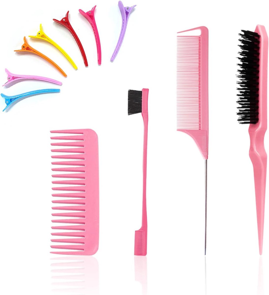 Haarstylingset met 3 Kamtypes, Inclusief Brede Tandenkam en 4 Haarclips voor Perfecte Styling en Kamtechnieken