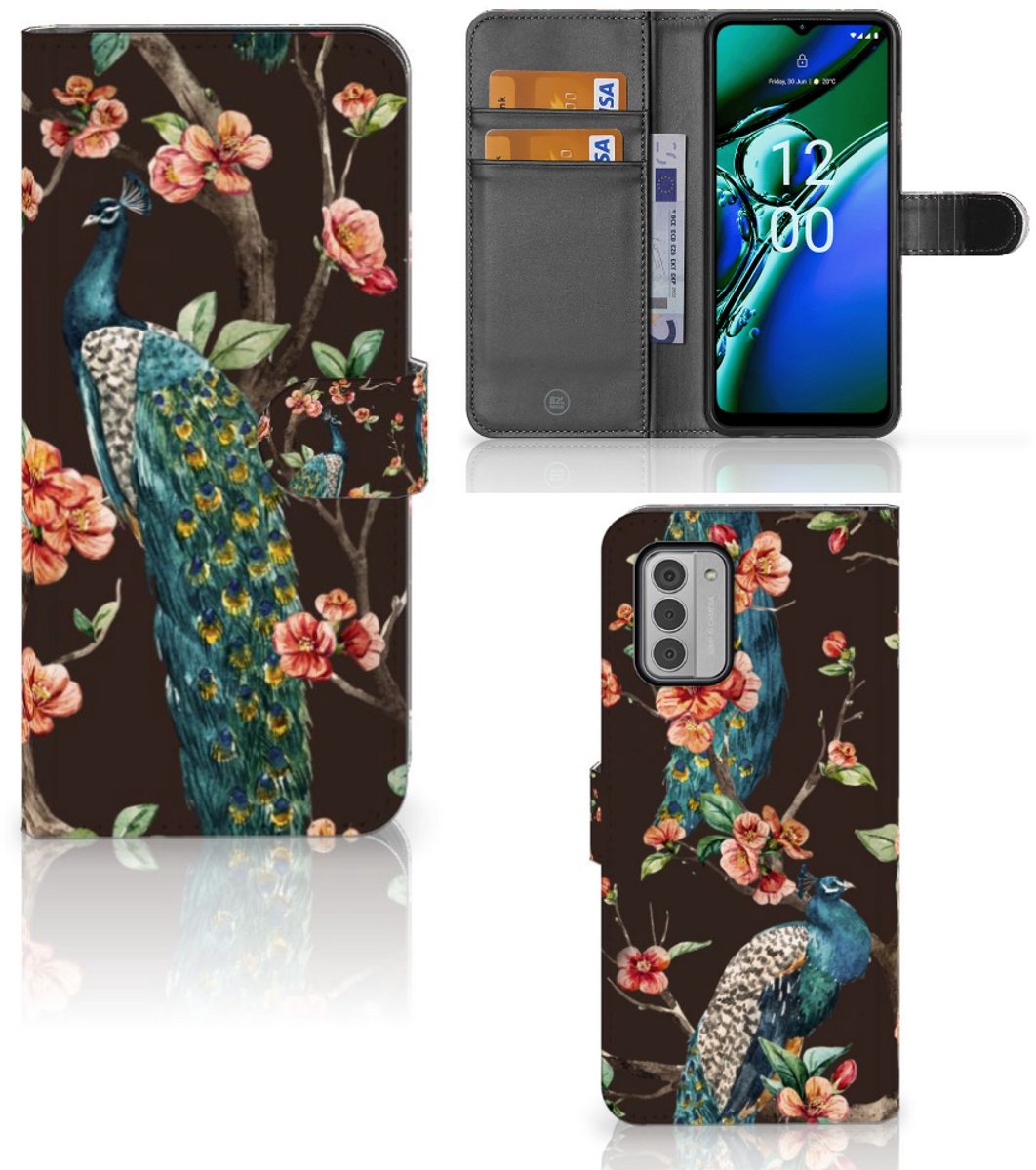 Nokia G42 Telefoonhoesje met Pasjes Pauw met Bloemen