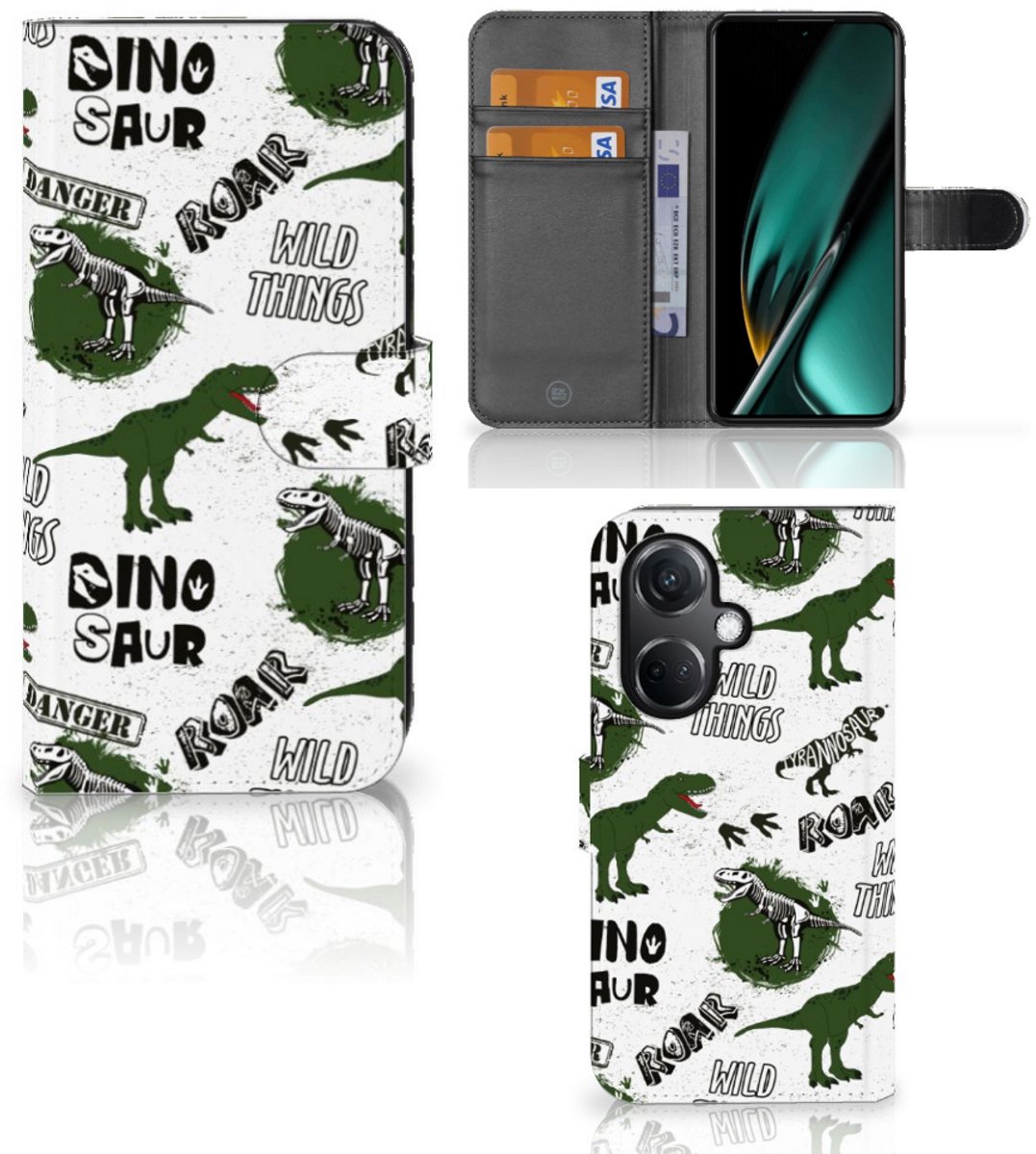 Book Case voor Telefoonhoesje met Pasjes voor OnePlus Nord CE 3 Dinosaurus