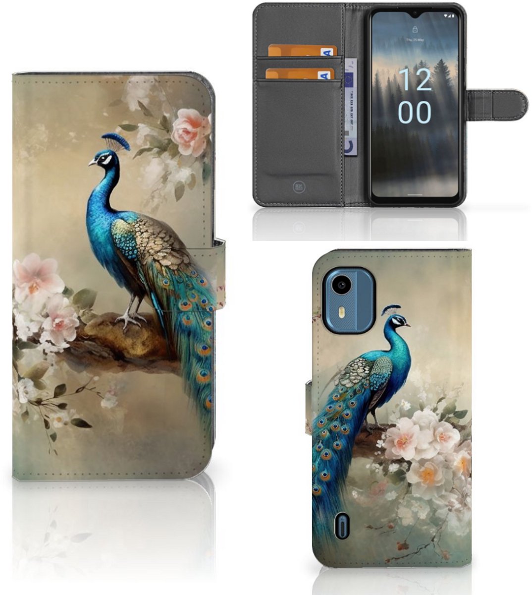 Telefoonhoesje met Pasjes voor Nokia C12 Vintage Pauwen