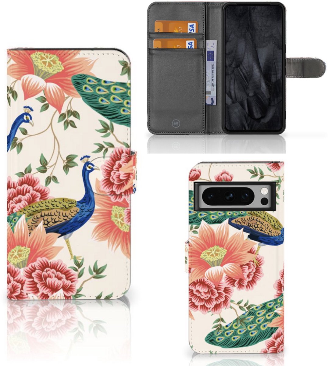 Telefoonhoesje met Pasjes voor Google Pixel 8 Pro Pink Peacock