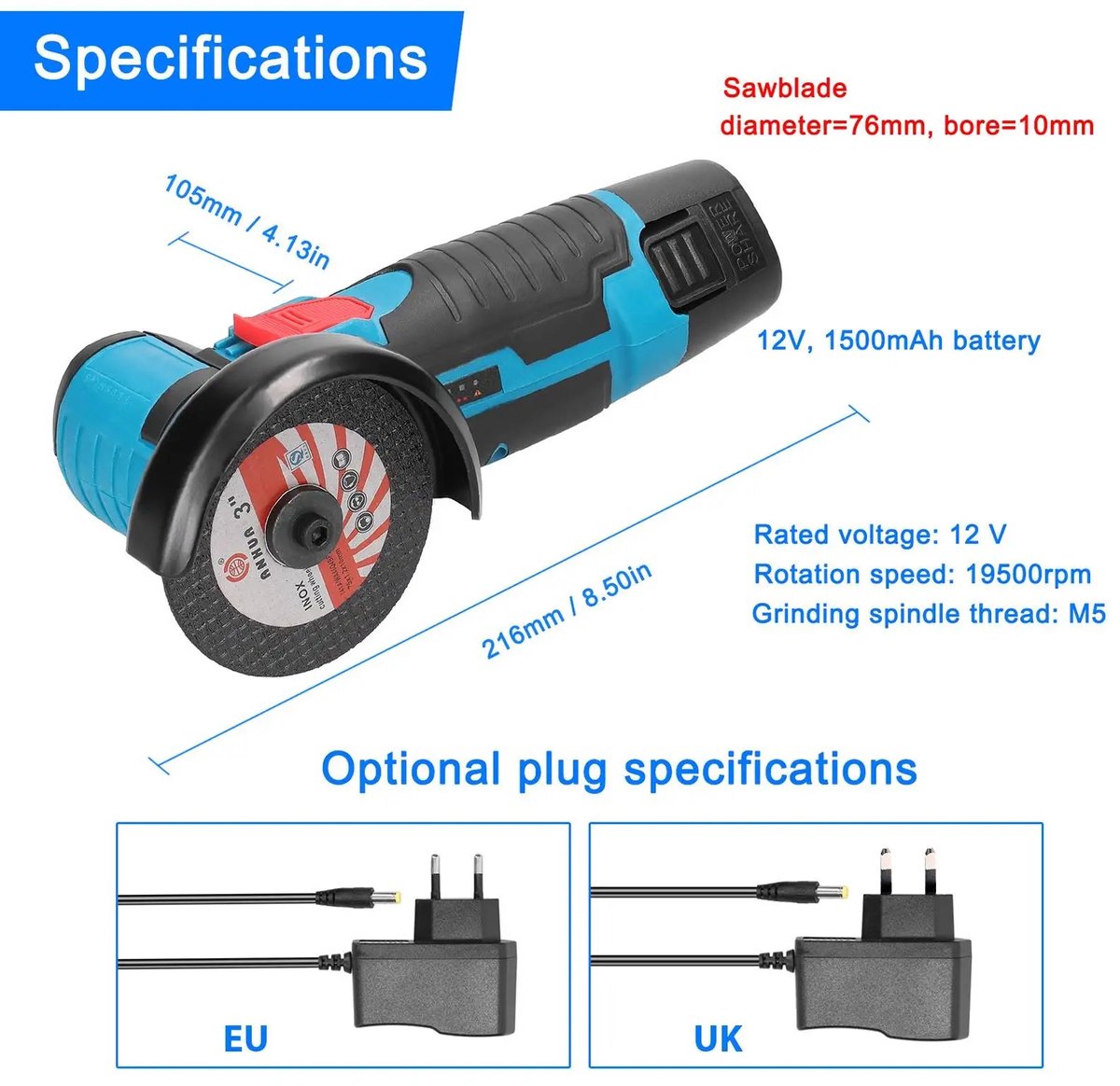 AURORAS- Draadloze Haakse Slijper 12V – 19500 RPM Mini Grinder – Accu Slijpmachine voor Metaal, Tegels & Snijden – foto 6