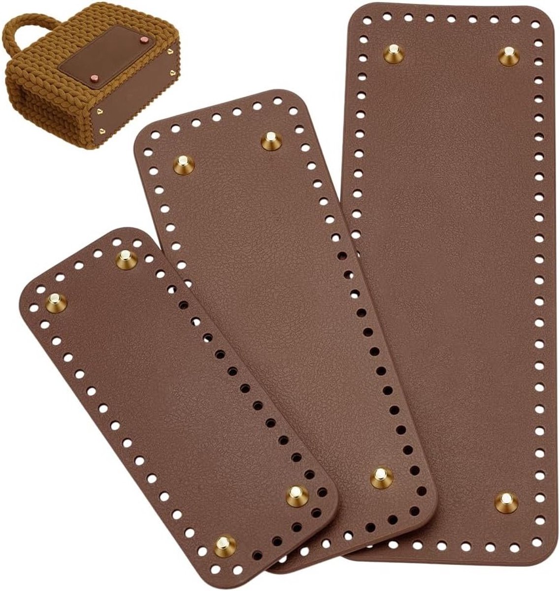 3 Groottes Haakhandtas Bodem van Faux Leer - Camel Kleur, Rechthoekige Tasbodem voor Schoudertassen, 3 Stuks per Set
