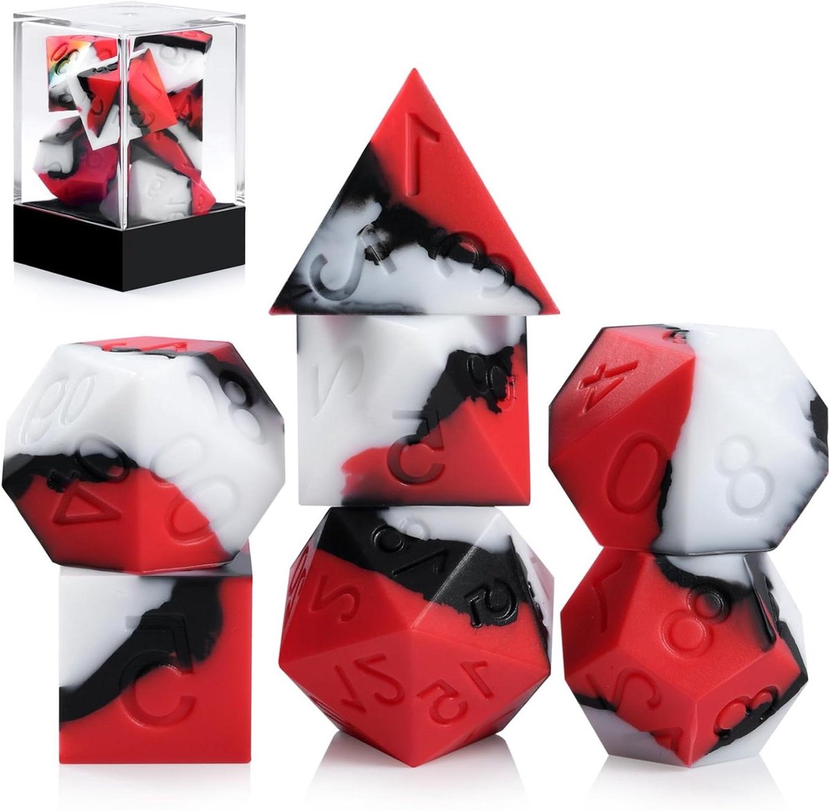 D&D Dobbelstenen - RPG Dobbelstenen - Tafelspellen Spelen - Siliconen Rubber Materiaal - 7 Stuks - Rood Zwart Wit