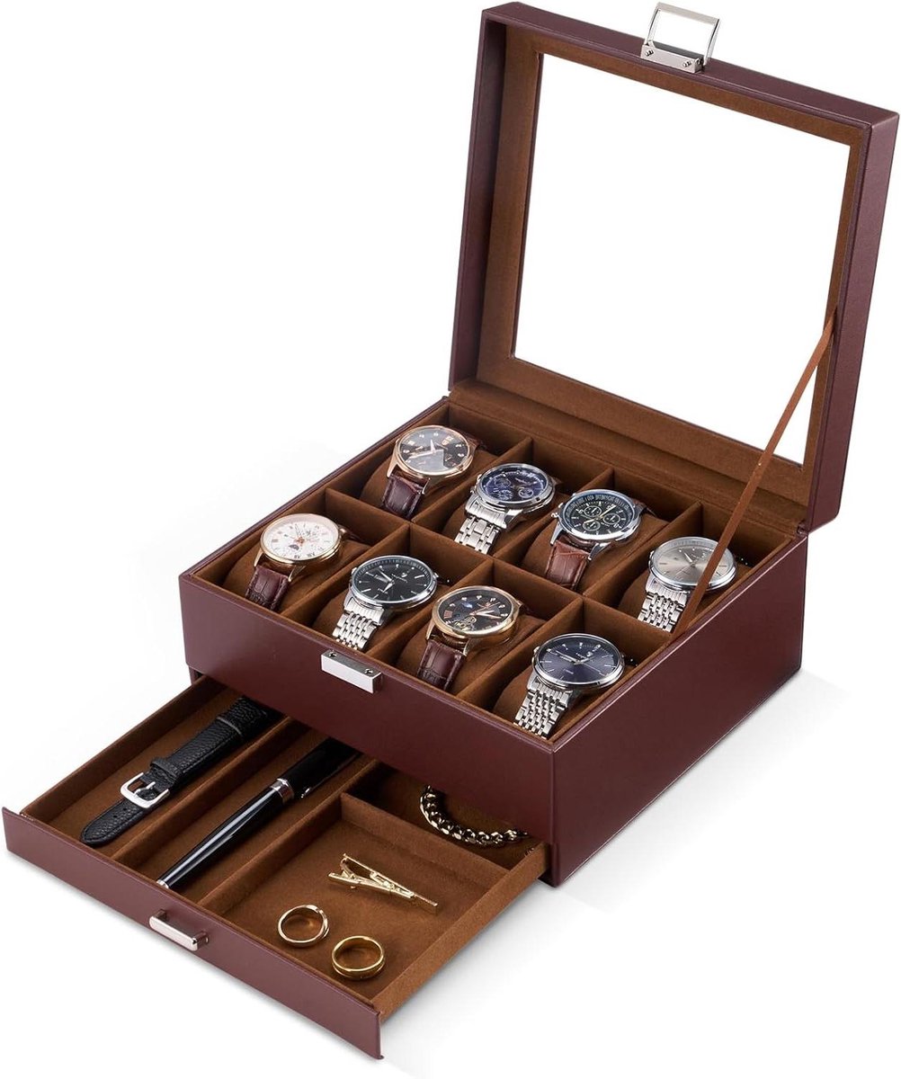 Horloge Kist - Horloge Opberger - Horloges Beschermen - Dubbele Laag - 22 x 20 x 11 cm - Espresso