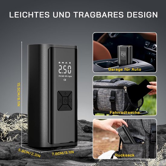 Fietspomp - Fietspomp elektrisch - Elektrische luchtpomp - Accucompressor - 150 psi - 35 l/min - Digitaal display - Draagbaar voor auto - Fiets - Motorfiets - Ballen - Mini-Compressor met USB-lading en bandenspanningsmeter — afbeelding 2