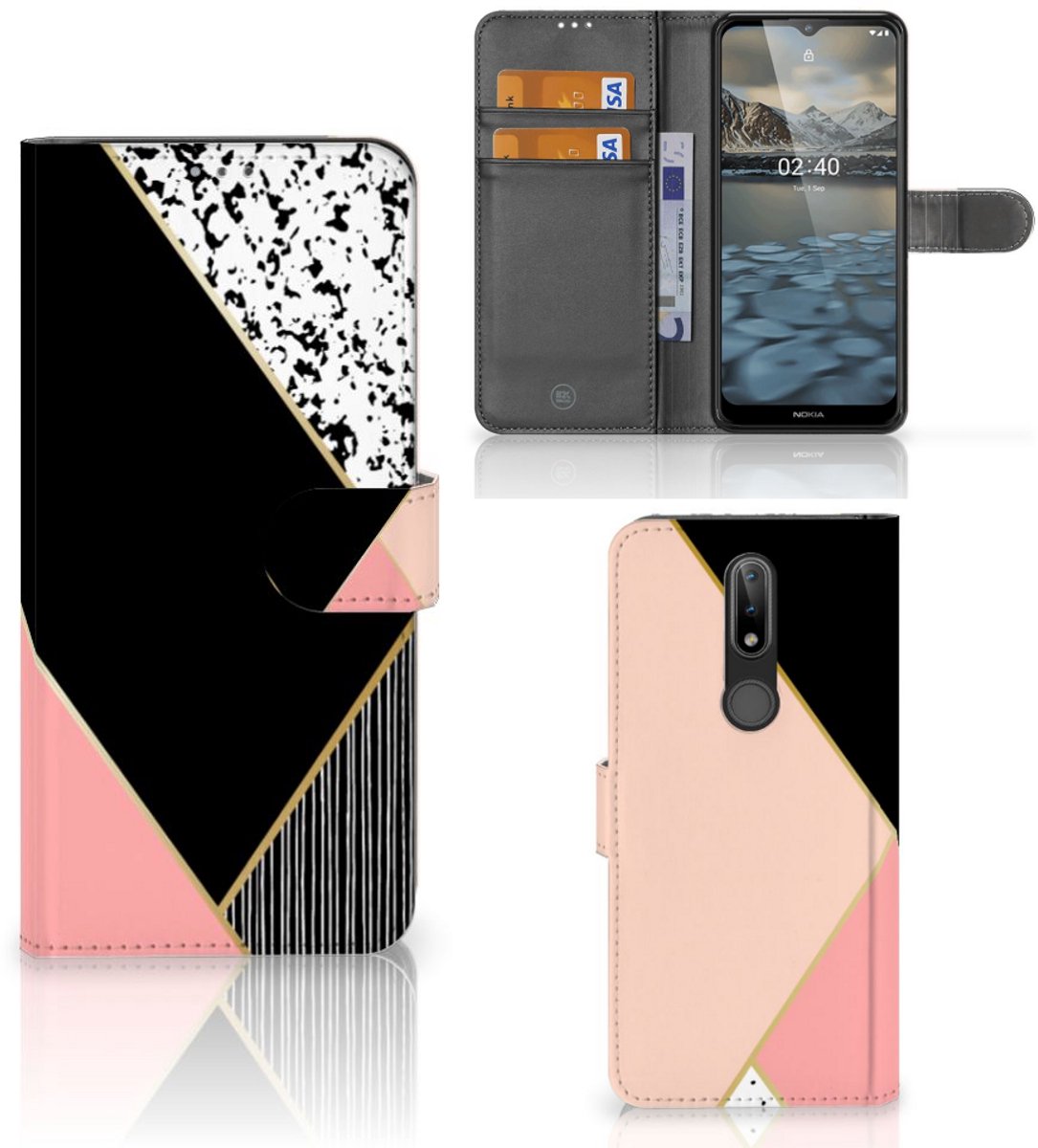 Nokia 2.4 Book Case Zwart Roze Vormen