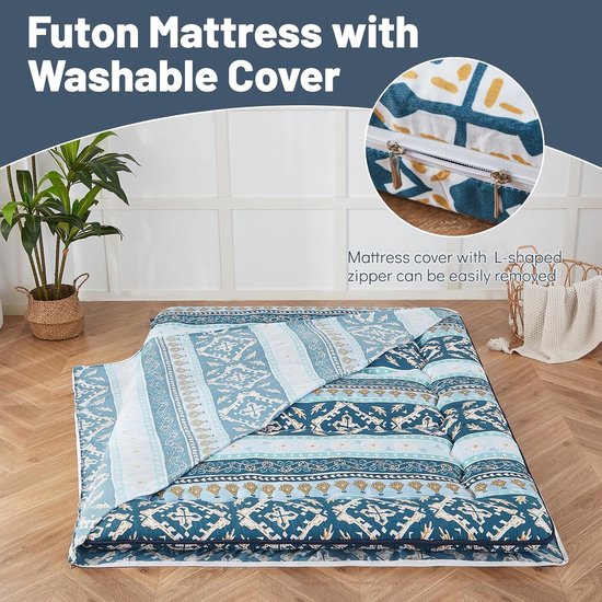 Japanse Vloermatras - Futon Matras Tatami - Oprollen & Opbergen - Traagschuim Vulling - Full 60x80 inch - Blauw Gestreept — afbeelding 3