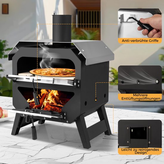 COSTWAY Outdoor Pizzaoven, Pizza Oven met Pizzaschep, Pizzasteen, waterdichte afdekking, roestvrijstalen dak & hittebestendige handgrepen, draagbare brandoven, houtoven voor picknick, BBQ-feest — afbeelding 2