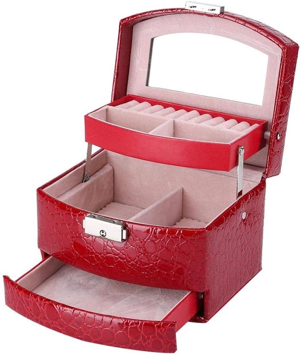 Sieradenopbergdoos met 3 Lagen en Spiegel, Lockable Doos voor Kettingen, Ringen en Oorbellen - Perfecte Cadeau voor Vrouwen en Meisjes
