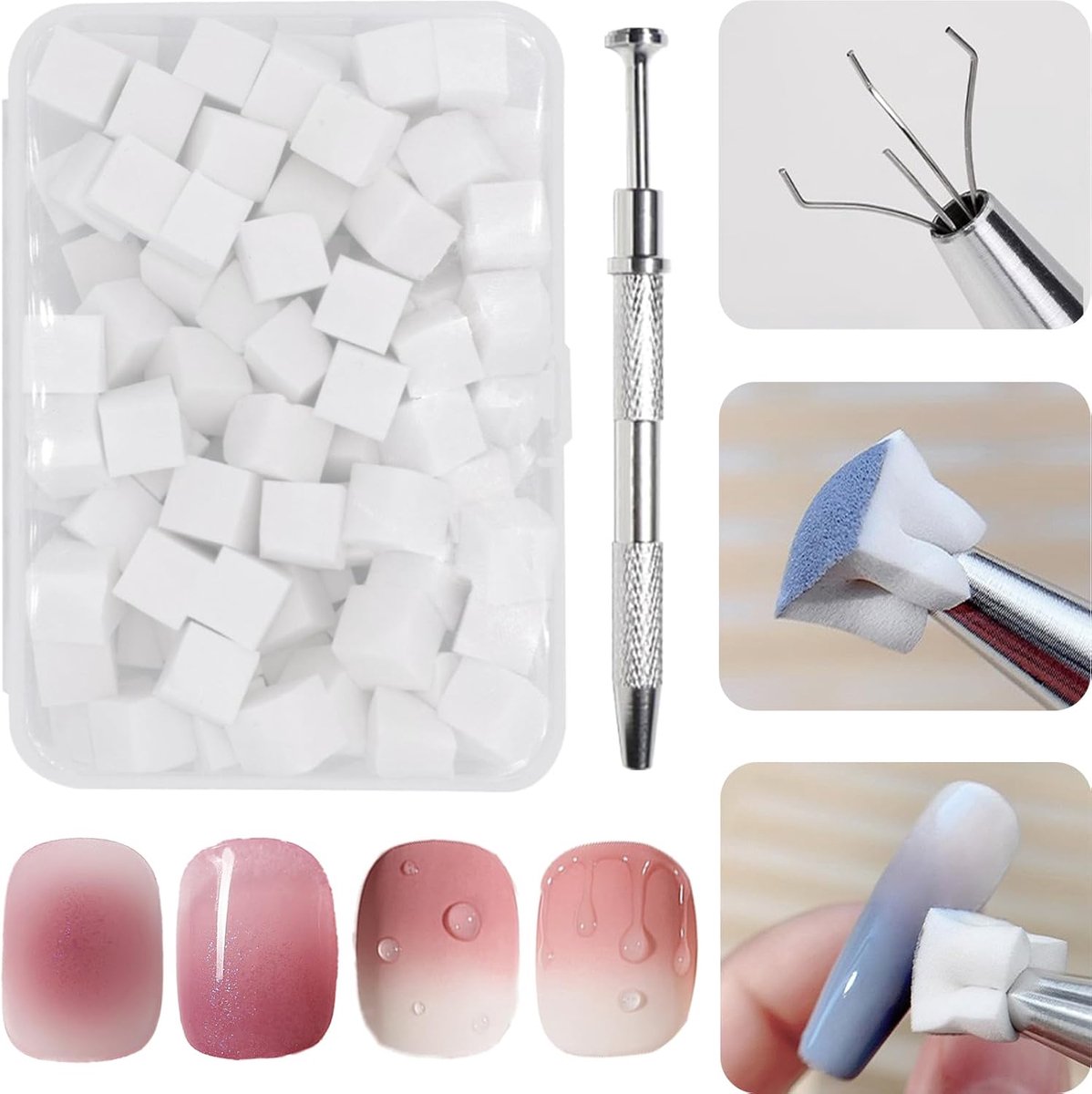 OLOEY 100 Ombré-sponsjes voor nail-art met mini-metalen klemmetjes-tools voor kleurverloop-designs en diverse kleurvermengende nail-artpatronen