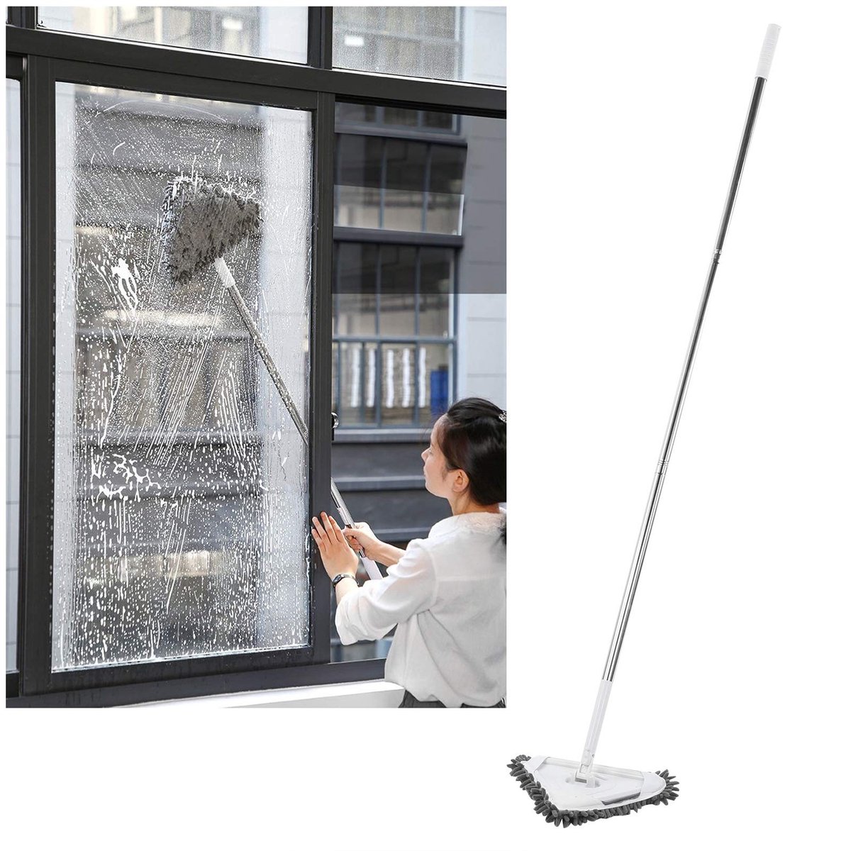 Dailygoods- Wandmop 360 Graden Draaibaar - Verstelbare Driehoek - Glazenwasser - Afneembare Stang - Roestvrij Stalen Buizen - 135 cm Lengte - Raamreiniger