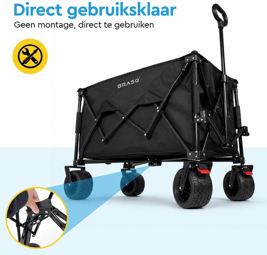 BRASQ Bolderkar Opvouwbaar - 165 Liter - 100 KG Draagkracht - Draaibare wielen mét rem - 90 x 52 x 110 cm - Verstelbare hendel - Inklapbare Bolderwagen - Zwart van BRASQ — afbeelding 3