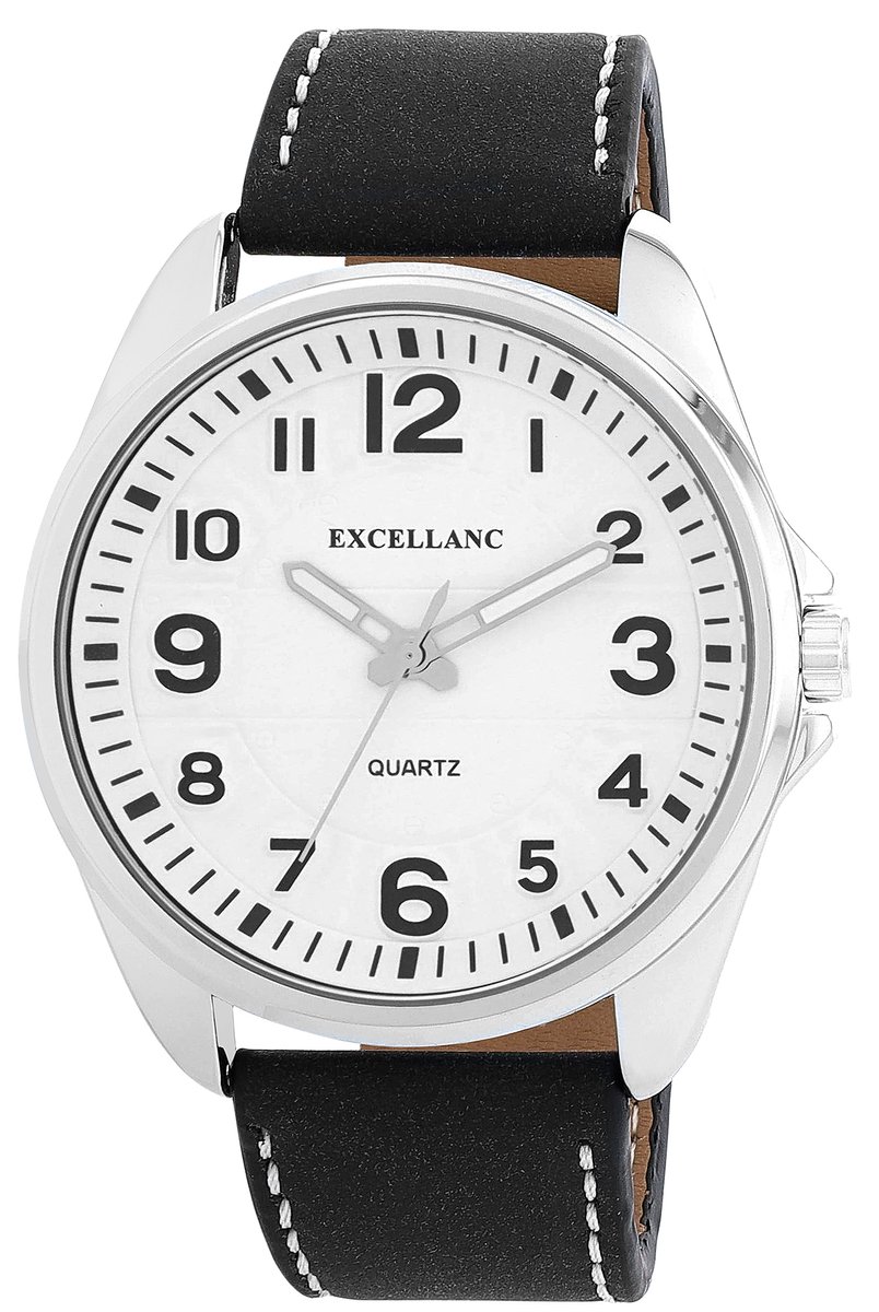 Excellanc-Herenhorloge-model 2900283-001-groot model diameter 46 mm-duidelijke wijzerplaat 3 atm waterdicht-zwarte band-witte wijzerplaat