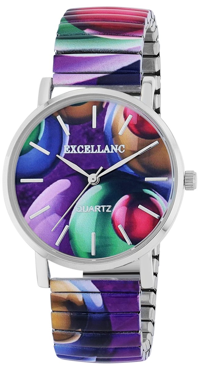 Excellanc-model 1700060-026-Dameshorloge-rekbare band-Multicolor-rood-lila-paars-groen-Beige-3 atm waterdicht-diameter 35mm