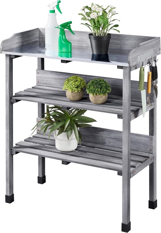 Plantentafel Hout met Verzinkt Werkblad - Oppottafel Tuin met 3 Opbergplanken en Haken - Multifunctionele Tuintafel voor Verpotten, Zaaien en BBQ - Houten Werktafel, Bloementafel, Oppotbank