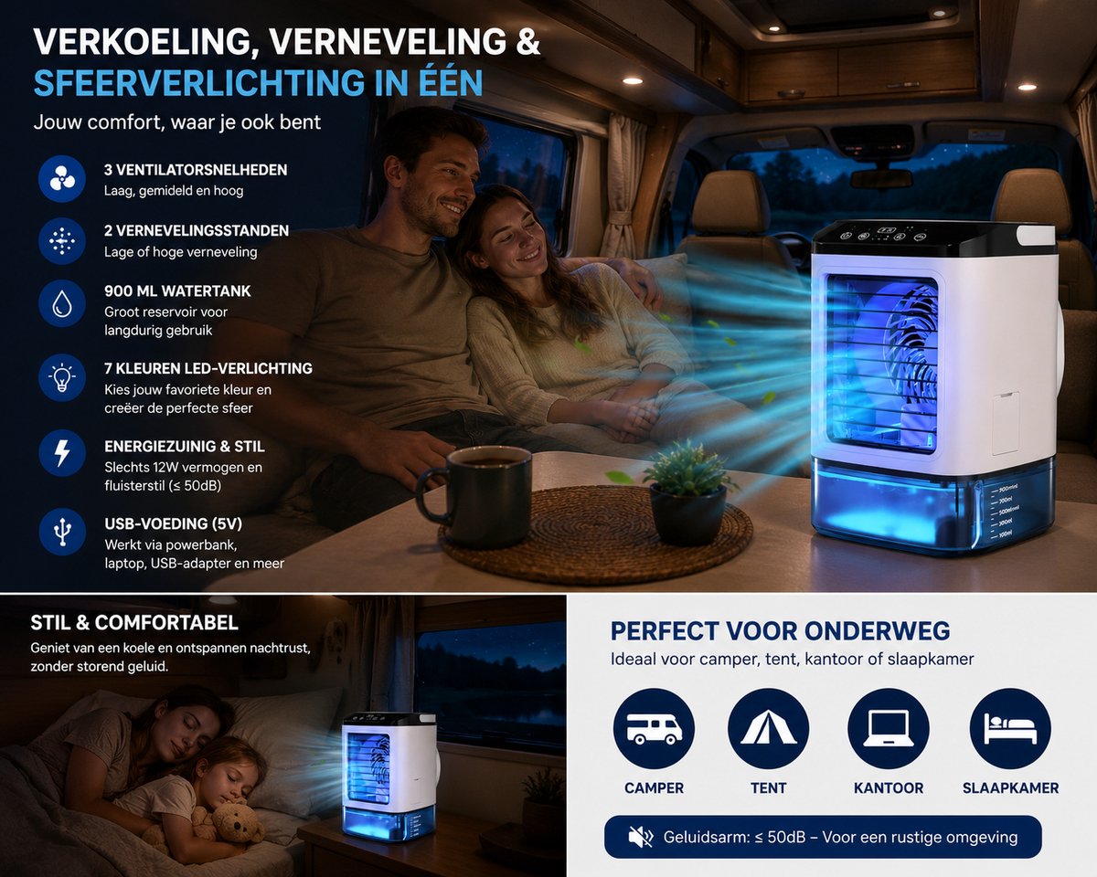 HomeGoodies - Airco - Mobiele airco - Mini airconditioning - Draagbaar - 7 Kleuren Nachtlamp - Voor Slaapkamer, Kantoor en Camper — afbeelding 3