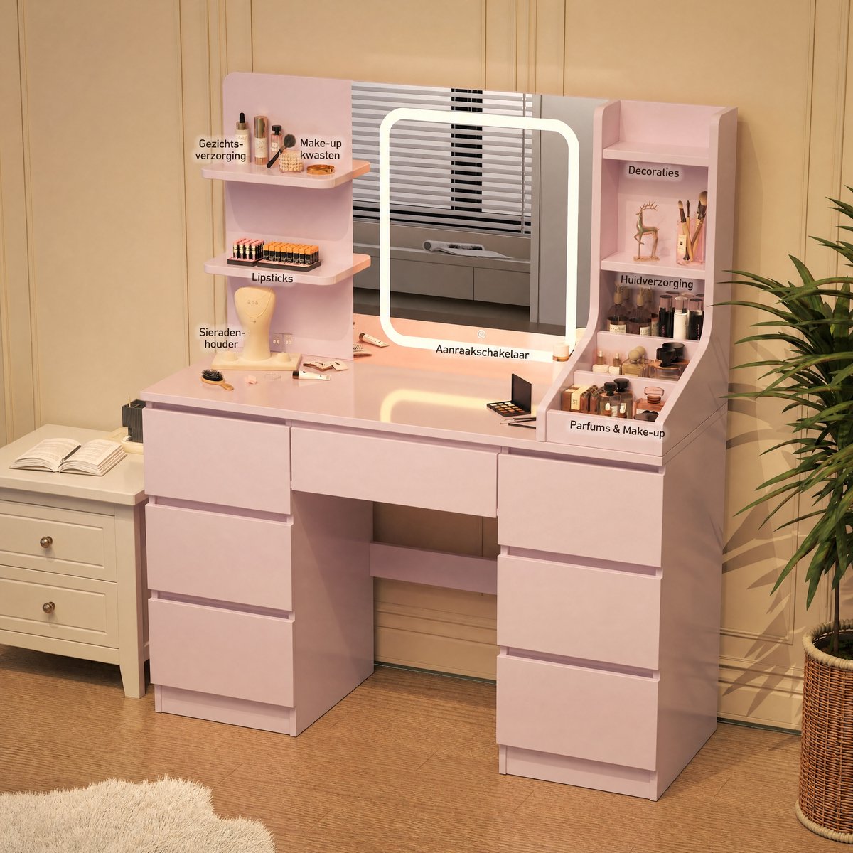 Devoko Kaptafel met LED Spiegel Roze – Make-up Tafel met 3 Kleurtemperaturen – 6 Lades & Opbergruimte – Toilettafel met Spiegelverlichting – Roze