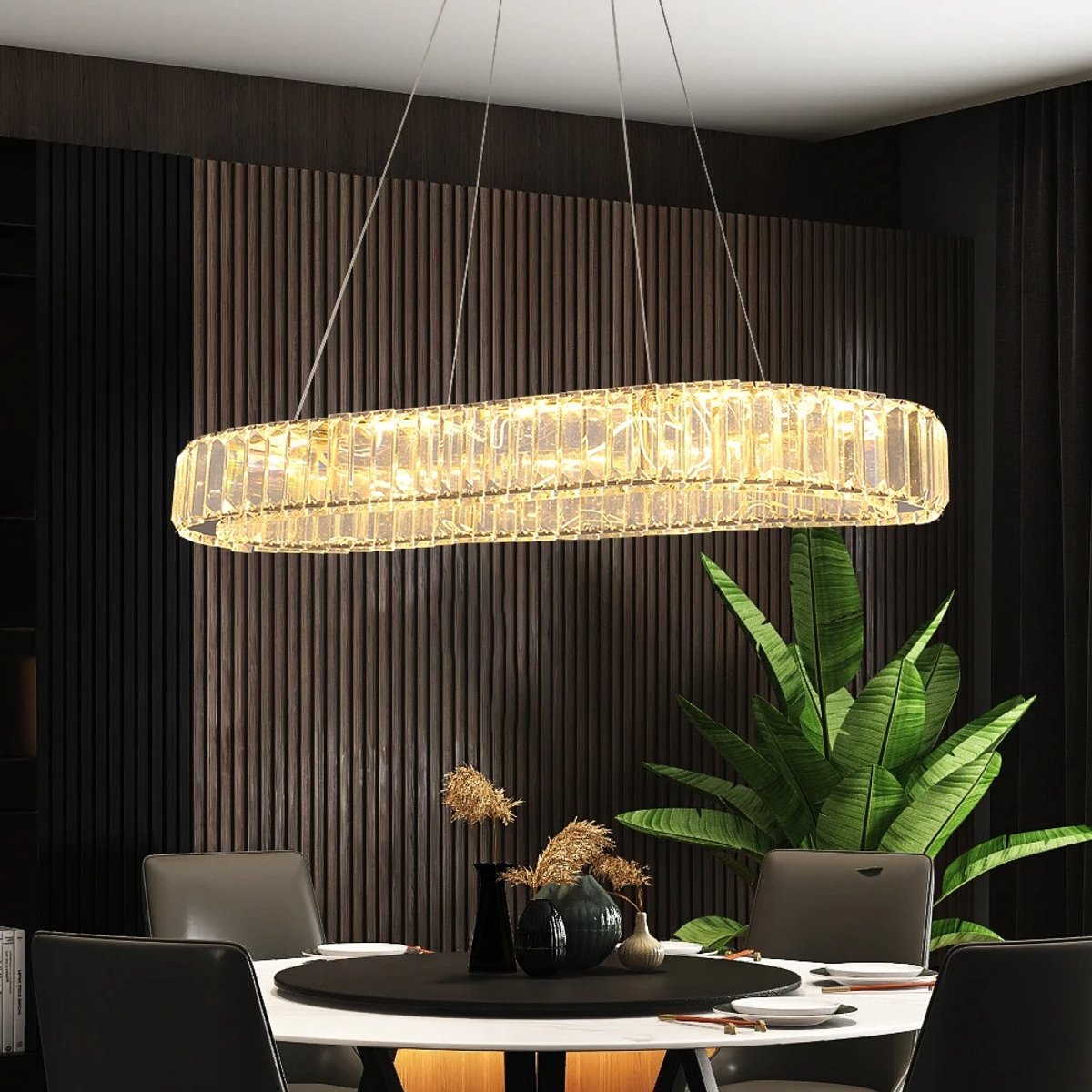 QUESTYR Luxe Ovale Kristallen Plafondlamp – GOLD – 70 cm – Moderne LED Kroonluchter – Dimbaar met Afstandsbediening – Premium Design