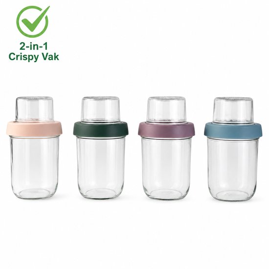 2DAY HOME - Bocaux Overnight Oats - 4 Couleurs Verre Compartiment Croustillant - 4 × 600ml Livre de Recettes Inclus