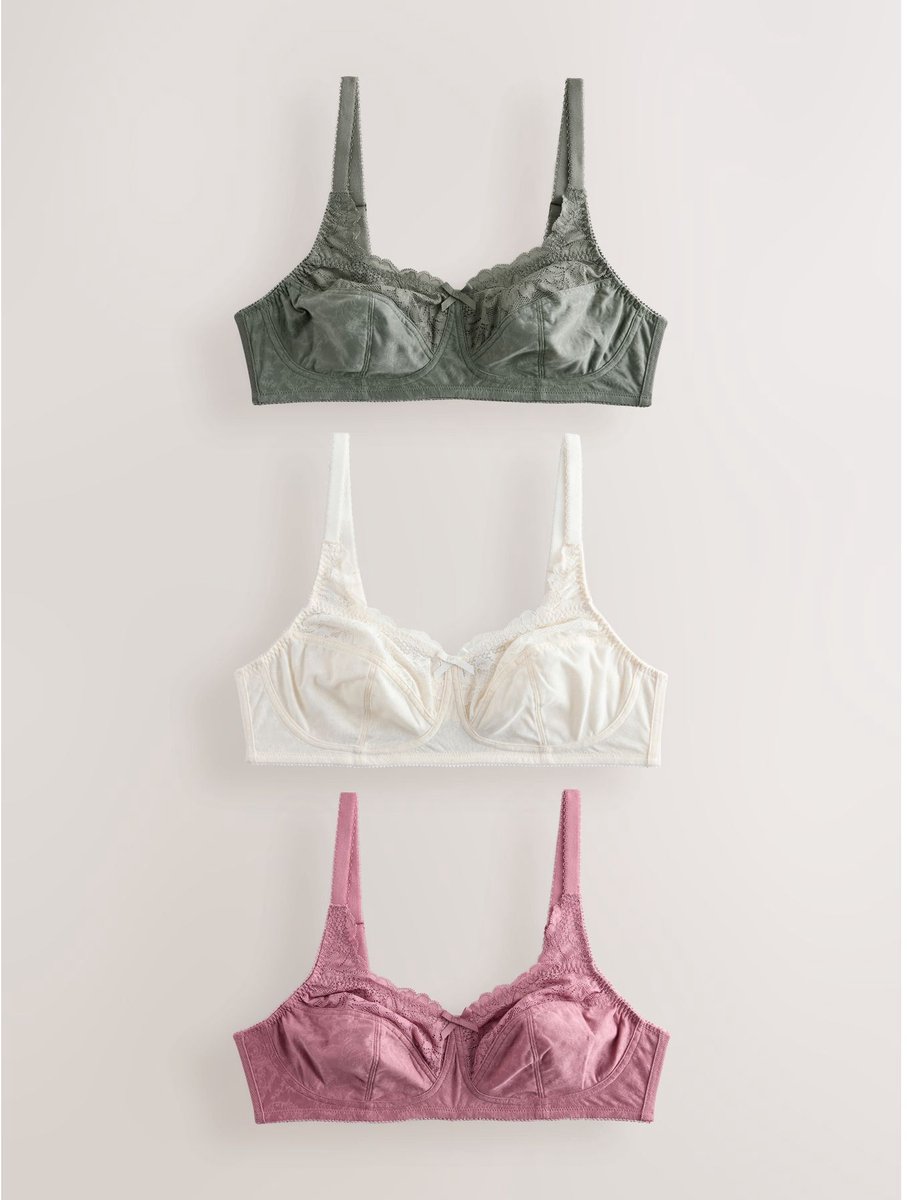 Next Dames - Set van 3 Ultimate Comfort beha's met kant en hele cups, zonder beugels - Groen Green/Pink/Cream