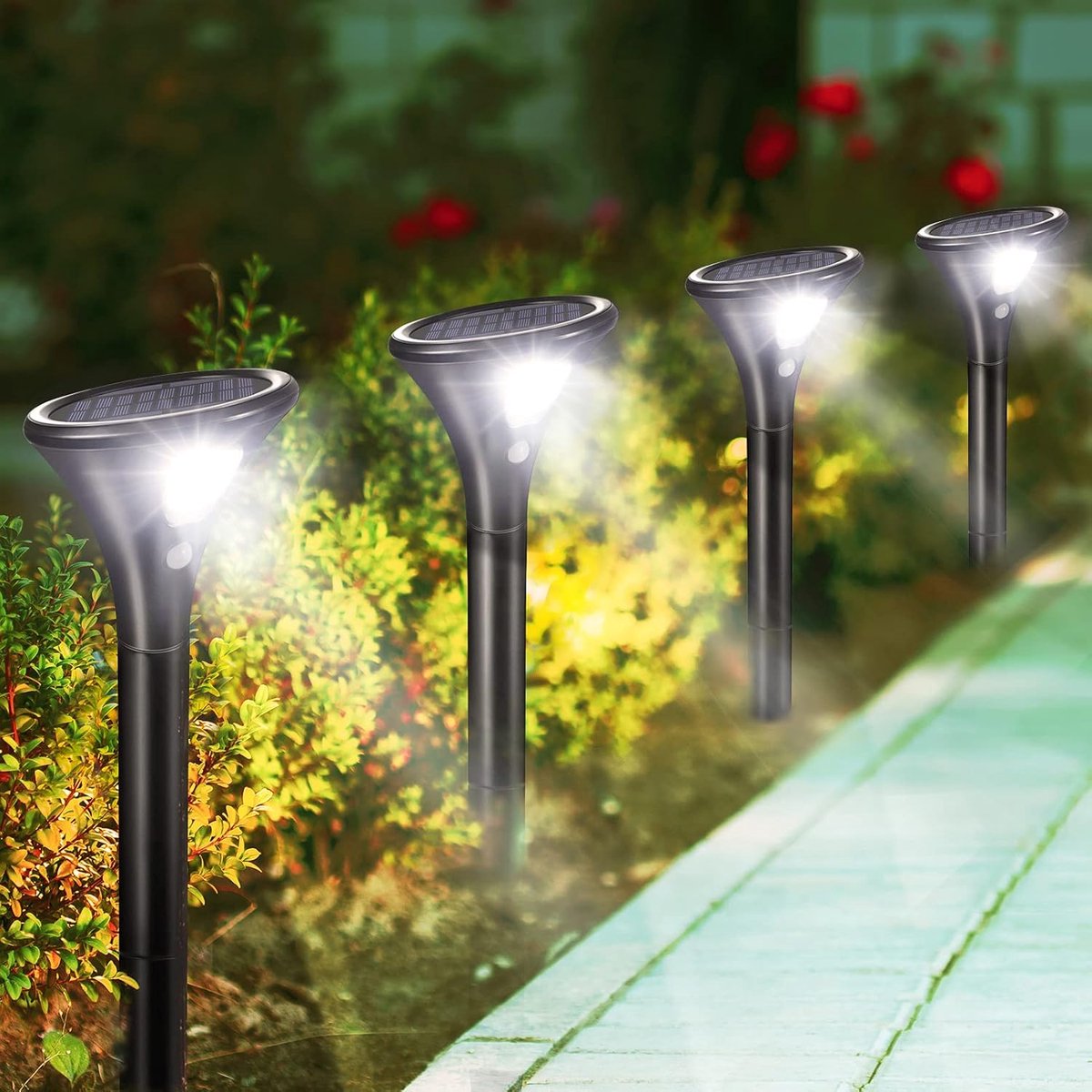 Zonnelampen Buiten 4 Stuks met Bewegingssensor - Solar Tuinverlichting IP65 Waterdicht - 2 Lichtmodi met Automatische Aan/Uit voor Tuin, Pad en Oprit