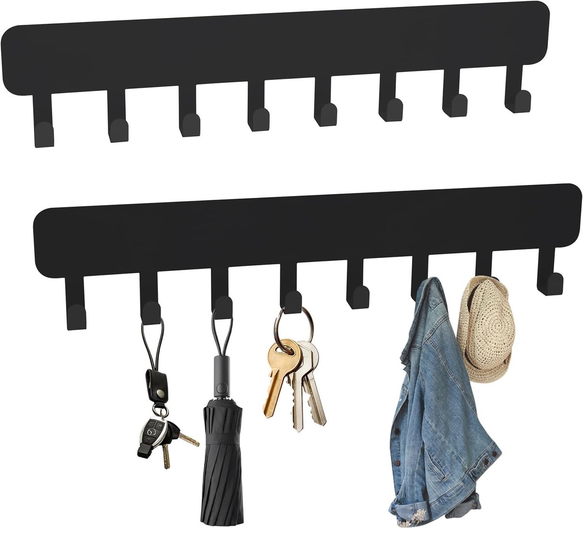 Cosensi- Sleutelhanger - 2 stuks - Wandhouder met 8 haken - Zelfklevend zonder boren - Hoogwaardig koolstofstaal - Schokbestendig en krasbestendig - Sleutelkastje