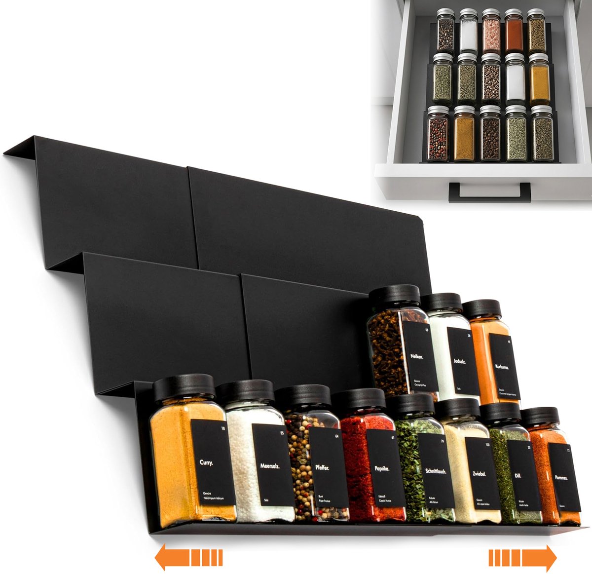 Kruidenrek voor Keukenlade Set van 6 - Schuine Kruidenpotjes Organizer - Verstelbaar & Stapelbaar Lade-Indeler - Metaal Kruidenhouder - Zwart
