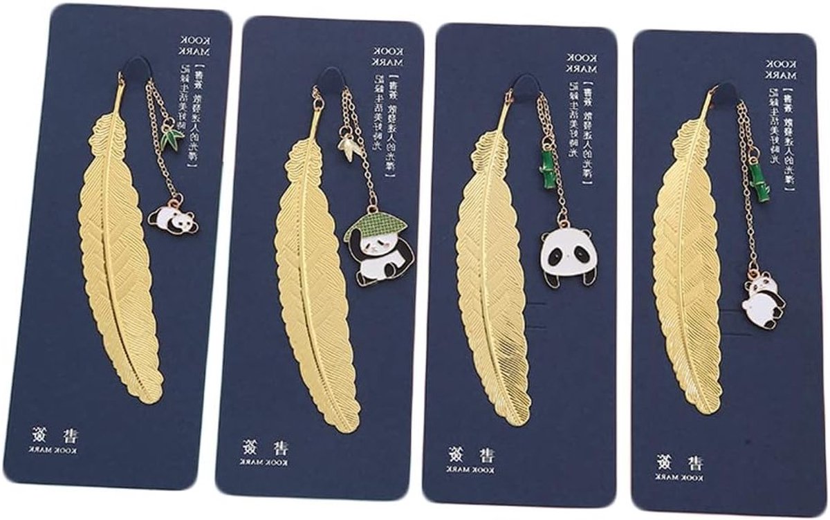 Schattige metalen panda boekenleggers met veer - Perfecte cadeaus voor vrouwen, kinderen en boekenliefhebbers - Set van 4