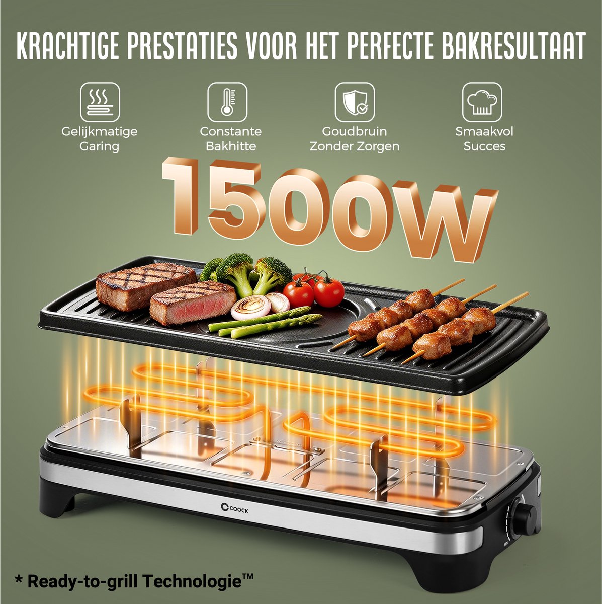 Coock Gourmetstel en Fondue Set 2-in-1 - Raclette voor 8-10 Personen - Inclusief 8 Fonduevorkjes & 10 Pannetjes - 1500W - XL Bakplaat - RVS – foto 2