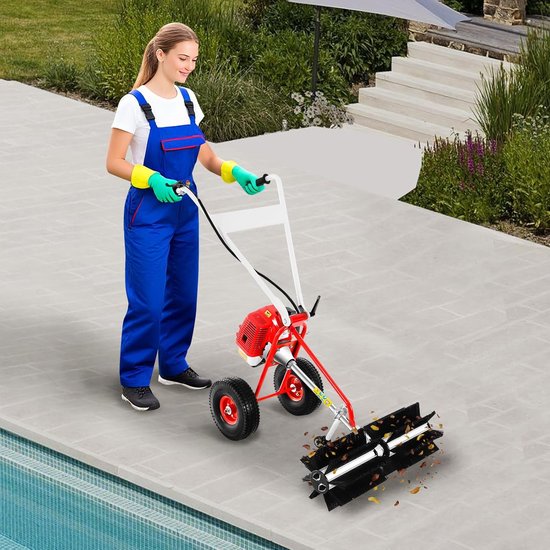 Benzine Veegmachine - Duwveger Tuinveger - Buiten Reinigen - Krachtige 43cc Motor - 60 cm Werkbreedte - Rood Zwart — afbeelding 4