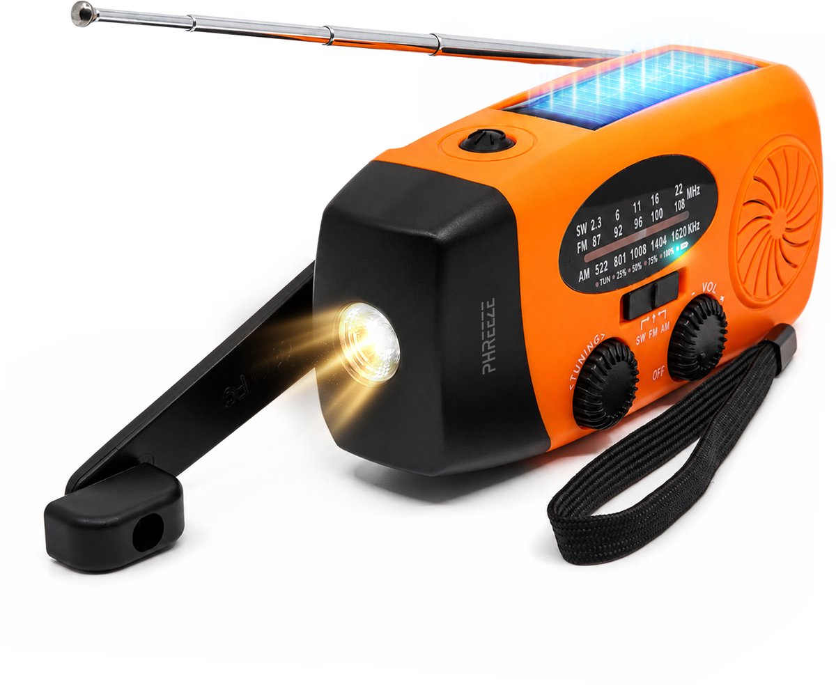 Noodradio Solar Opwindbaar - FM/AM Radio met Handslinger, LED Zaklamp, Powerbank & SOS - Draagbare Survival Crank Radio voor Camping, Noodpakket en Stroomuitval