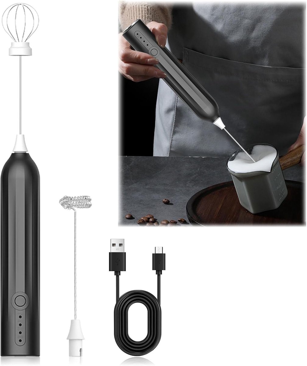 Draagbare elektrische melkopschuimer met 2 opzetstukken mini-opschuimstaaf met oplaadbare USB-batterij en 3 snelheden melkopschuimer geschikt voor latte cappuccino café crème warme chocolademelk en eieren