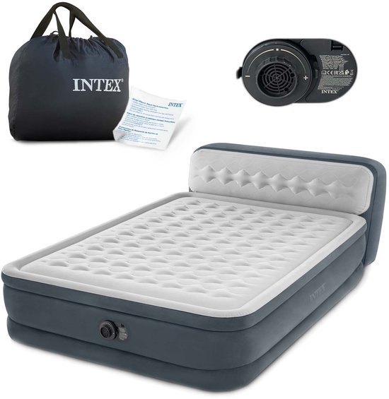 Eenpersoons Intex luchtbed met ingebouwde pomp, draagtas en handleiding.