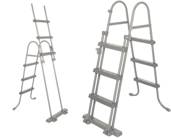 Grijze zwembadladder met 4 treden, inklapbaar.