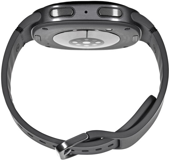 Donkergrijze smartwatch met band. Zijaanzicht van de achterkant.