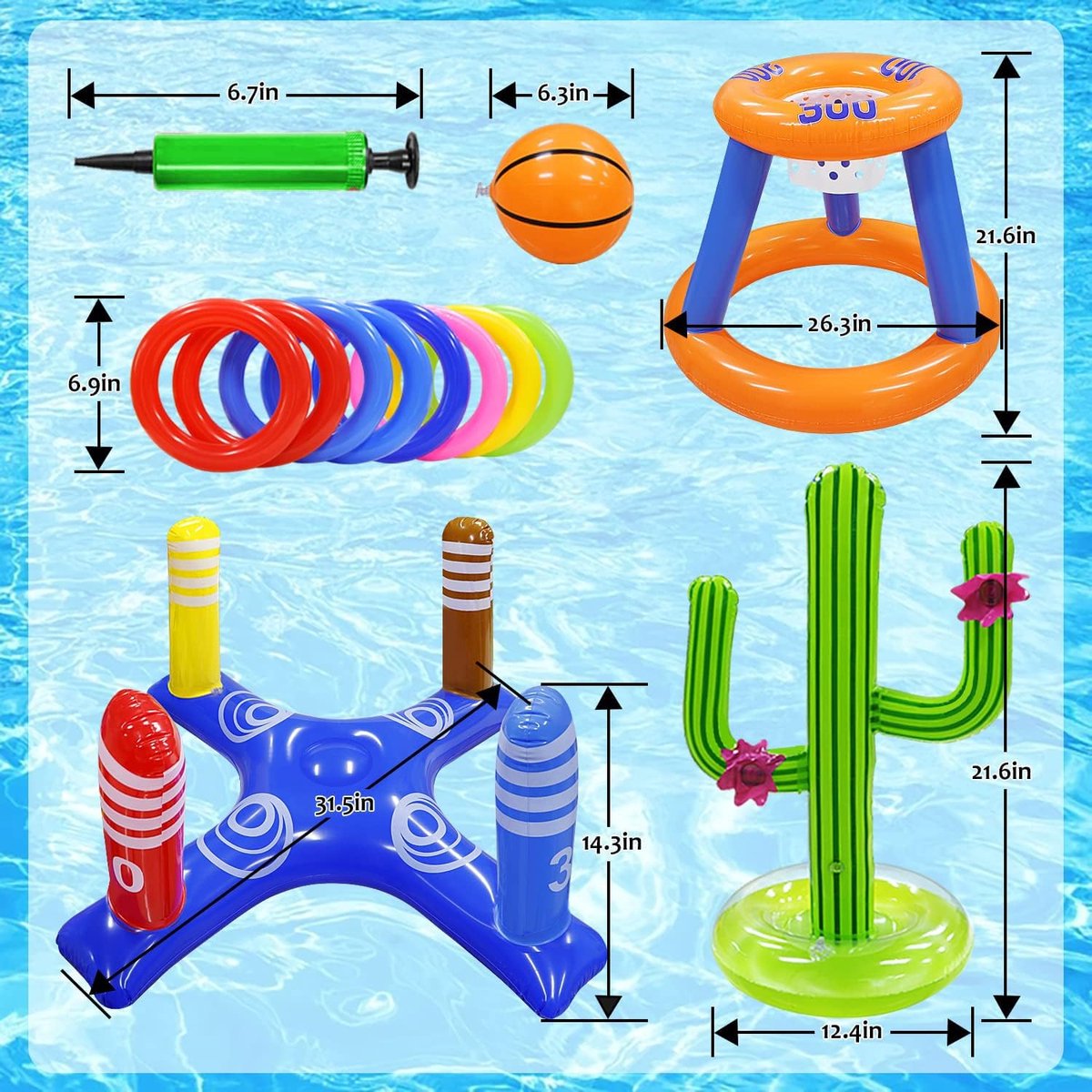 Zwembad Spelletjes Set - 3-in-1 Basketbalring, Ringgooispel & Cactus - voor Kinderen, Tieners, Volwassenen & Gezin