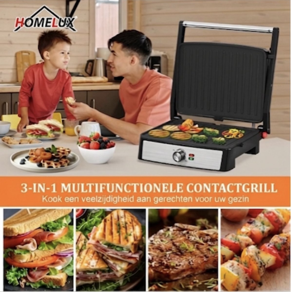 HOMELUX Tosti apparaat - 3 in 1 Multifunctionele grill voor panini's - 34x23CM - 2200W - Contactgrill Steaks en sandwiches - Sandwichmaker - Panini-grill en broodrooster thumbnail 2