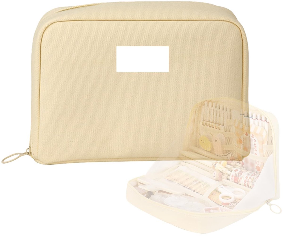 JHUBERS- Etui grote capaciteit - 8-vaks etui - Driedimensionaal etui - School etui - Kantoor etui - Hoogwaardig canvas, beige - Pennenetui