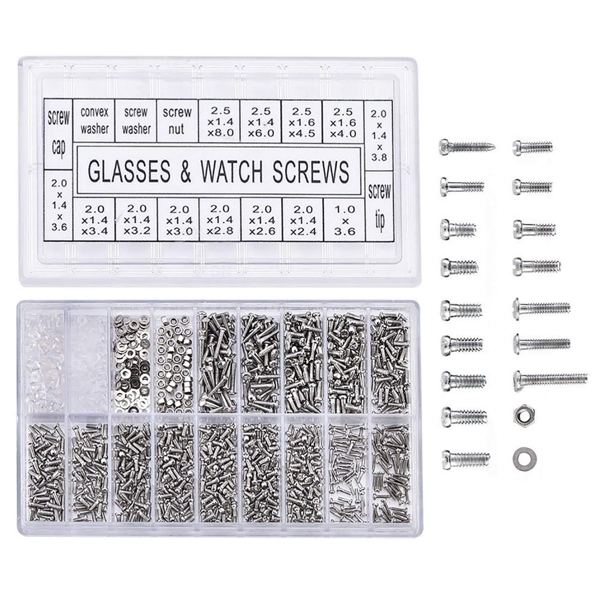 JHUBERS- Schroevenreparatieset 1000 Stuks - Schroevenset - Roestvrij Staal - Voor Brillen/Horloges - Diverse Maten - Inclusief Moeren/Afdichtingen - Schroeven