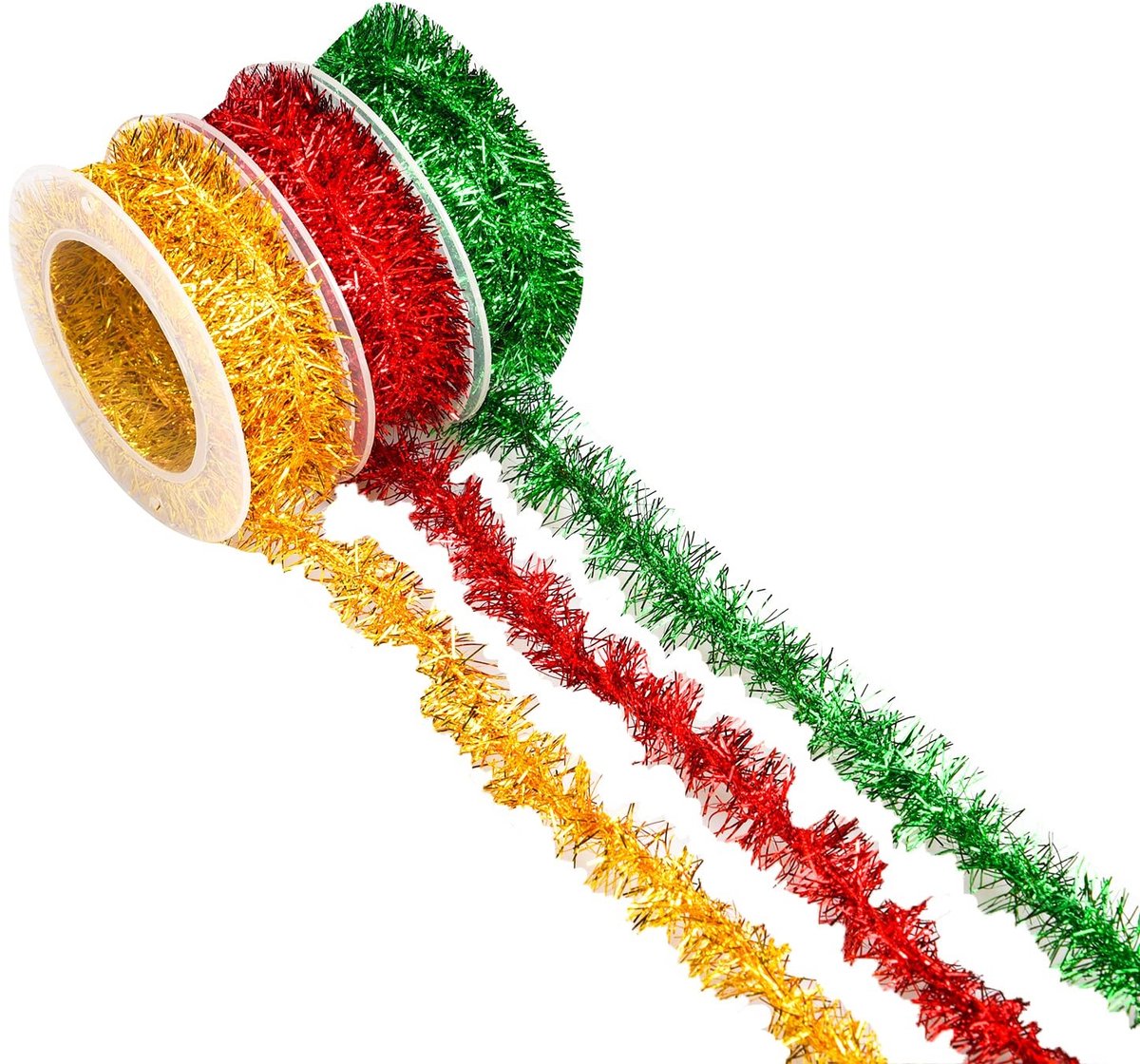 JHUBERS- Kerstslingers 3-Pack - Mini Katergoud - Rood/Groen/Goud - Metallic Slingers - Kerstboom Decoratie - Veiligheidswaarschuwing. - Kerstdecoratie