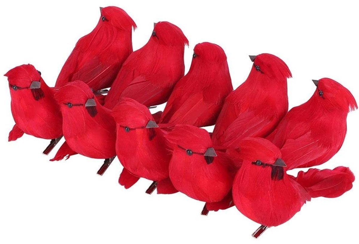 JHUBERS- Kunstmatige Vogels 10 Stuks - Rode Kunstvogel - Kerst Ornamenten - Clipontwerp - Tuin Decoratie - Hoogwaardig Schuim - Vogelornament