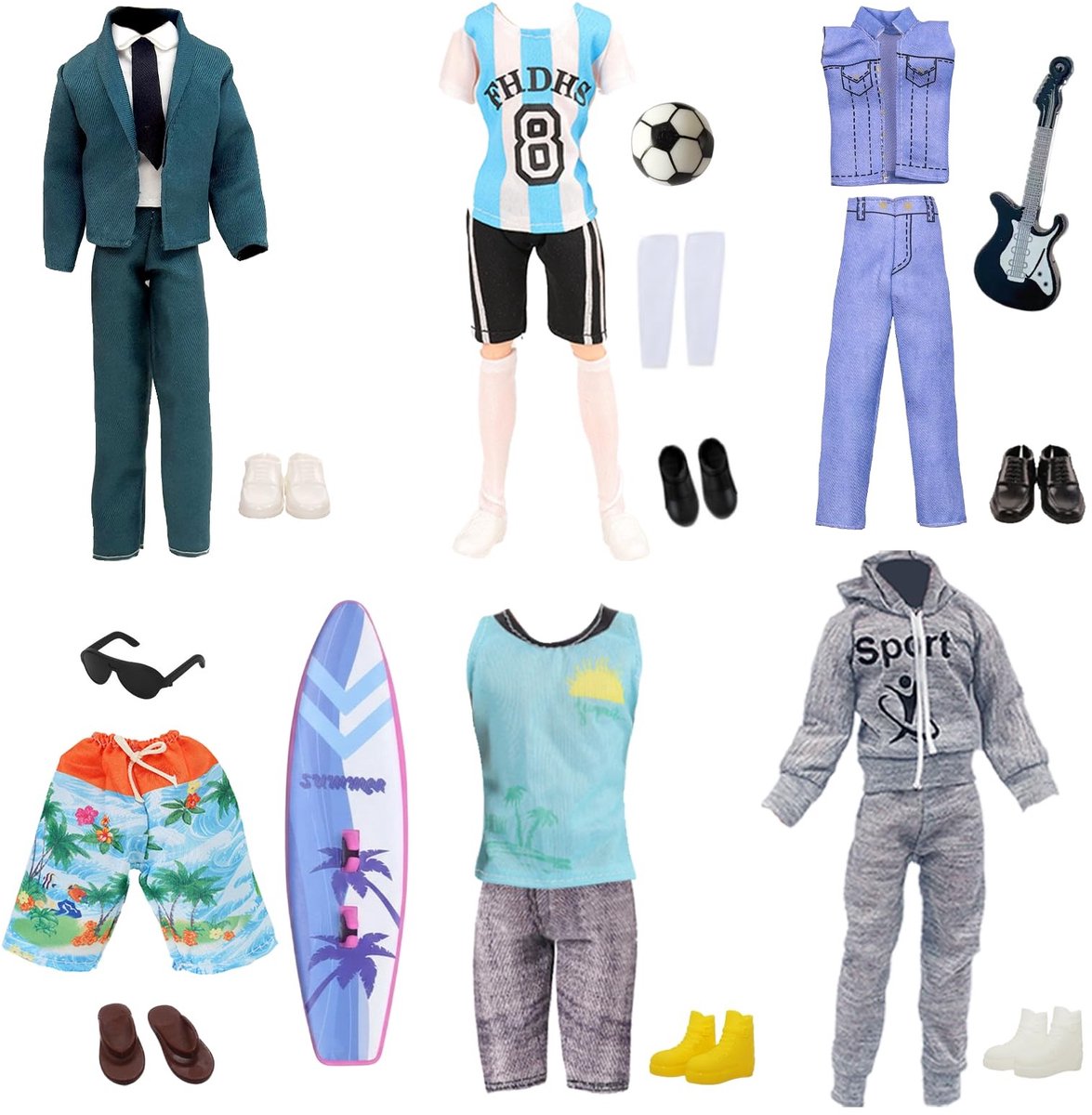 BRENZOOS- Kledingset Pop - 6 Bovenstukken - 6 Broeken - 6 Paar Schoenen - Bril - Surfplank - Handgebreide Kleding - Poppenkleding