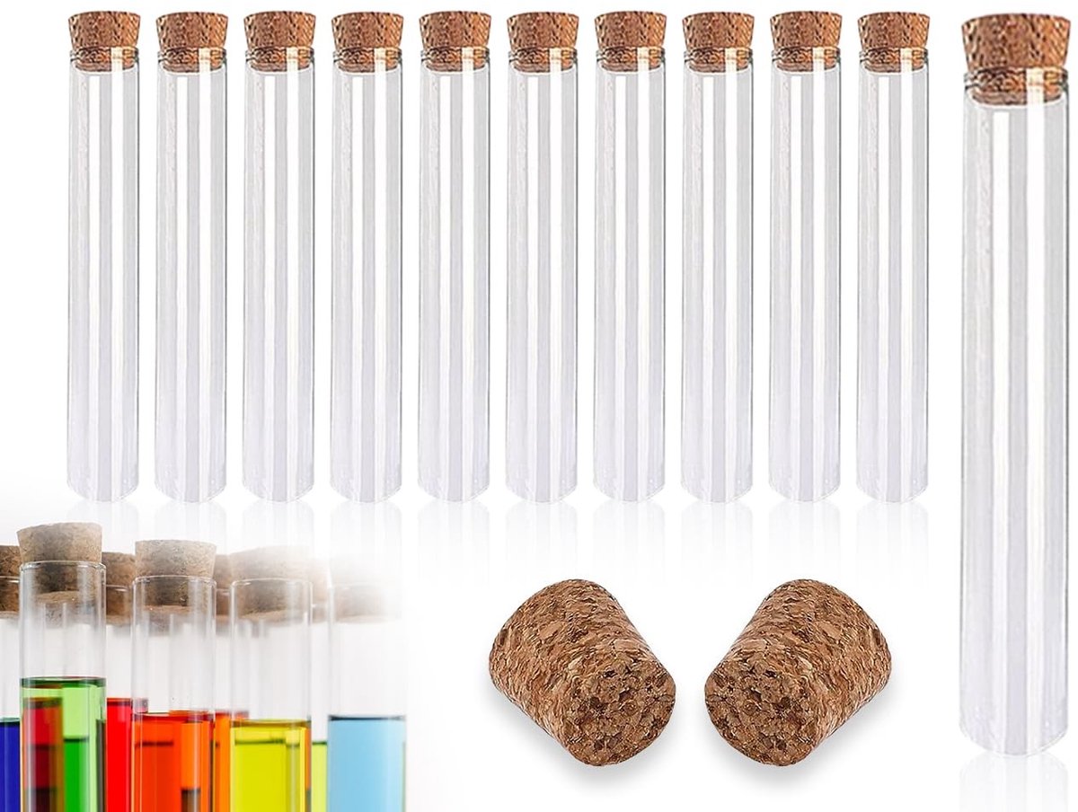 BRENZOOS- Reageerbuisjes 10 stuks - Reageerbuisjes met kurk - Transparante kunststof - 15 x 100mm - 10ml - Voor bloemen/badzoutbonbons - Laboratoriumbuisjes