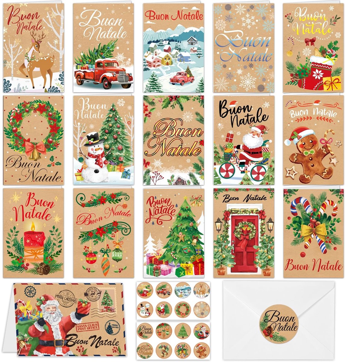 BRENZOOS- Kerstkaarten Set 16 Stuks - Kerstkaarten met Envelop - Kerstkaarten met Stickers - Wenskaarten voor Familie - Wenskaarten voor Vrienden - 16 Verschillende Designs