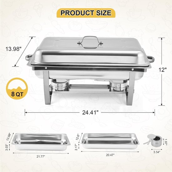 Chafing Dish Set van 2 - 9 Liter (8 Qt) - RVS Buffetwarmer - Inclusief Deksel & Brandstofhouder - Opvouwbaar - Voor Catering, Feesten & Bruiloften - Zilver — afbeelding 2