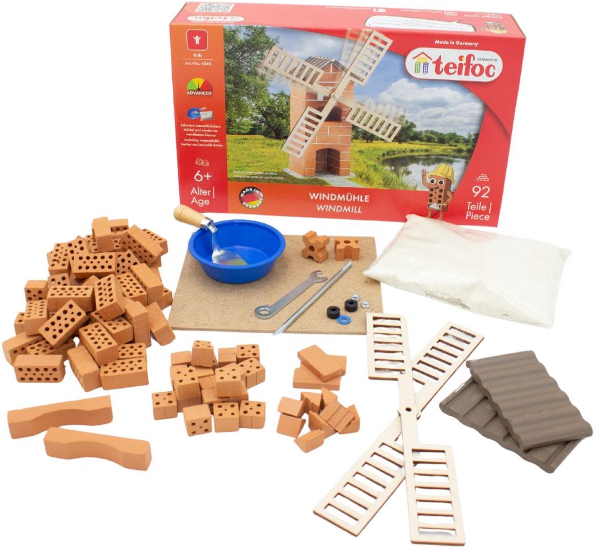 Teifoc® Bouwdoos – Windmolen Bouwset – 100 onderdelen – Echte mini Bakstenen met Cement, Kom en Troffel – Bouwpakket voor kinderen vanaf 6 jaar